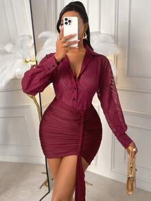 AIJ Amarilo Women's Autumn/Winter Elegant Party Ensemble Seductive Long-Sleeved Blouse With Jacquard Fabric Paired With Pleated Panel Bodycon Skirt Two Pieces Set - Dark Red - View 9