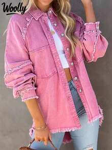 Plus Size Women Patchwork Fringe Denim Jacket Casual Pink Spring - Pink - View 7