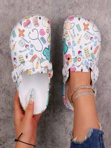 pueenb Women's Fashion Cartoon Print Closed Toe Shoes, Wooden Clog-Style All-Season Work Shoes, Lightweight Flat Perforated Shoes, Comfortable Soft Soles, Adjustable Buckle Closure, Closed Toe, Suitable For Beach, Garden And Autumn Wear - White - View 2