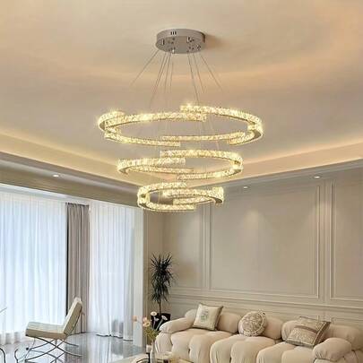 1pc Modern Luxury Single/Double/Triple Ring Crystal Pendant Light, LED 3-Color Adjustable (Warm Light, White Light, Warm White Light), Suitable For Dining Room, Living Room, Bedroom Pendant Lighting (No Switch Included)