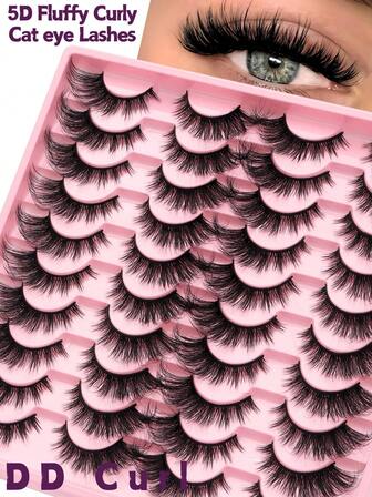 20 对仿貂皮睫毛，猫眼款式，貂皮材质，自然外观，浓密蓬松的卷曲假睫毛，效果惊艳，8D 卷曲度和长度，适合日常佩戴和派对/节日场合