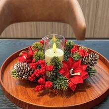 1pc Artificial Flower Candle Holder Wreath, Rustic Pinecone & Berry DIY Floral Wreath, Home Decor Tabletop Centerpiece, Suitable For Christmas, Thanksgiving, Winter Holidays - Multicolor - View 3