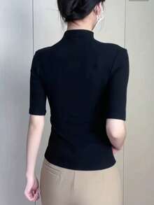 Women's Knit Blouse With High Neck And Short Sleeves, Simple, Ribbed Fabric, Sizes S, M, L - Black and White - View 3