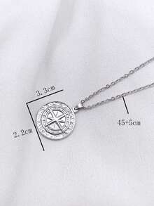 1pc 18K Gold Plated Stainless Steel Viking Compass Pendant Necklace, Metal Coin Badge Stylish Versatile Cross Chain For Men - Multicolor - View 6