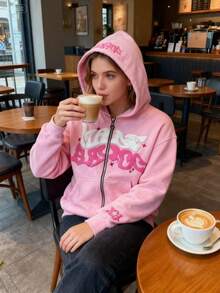 New Spring And Autumn Sweater Men's And Women's Fashion Wear Group Men's Hip-Hop Foam Letter Top Printing Hooded Zipper Sweater Christmas Match Women's Casual Top Cardigan Coat - 粉色 - 查看 5