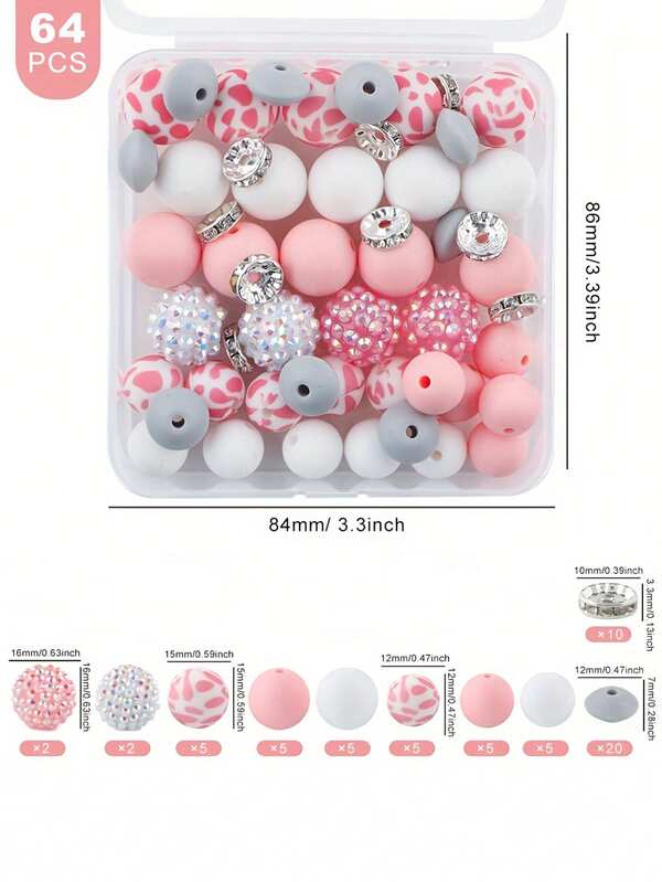 64 piezas/Caja Cuentas de silicona surtidas de 15mm, de unicolor e impresas, en forma de lenteja, bolas de resina acrílica de bayas, cuentas de rhinestone para manualidades DIY, bolígrafos con cuentas, colgantes de llavero, suministros de arte