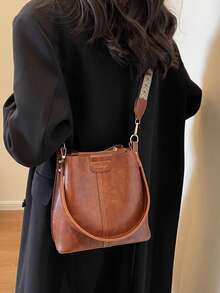 Women's Vintage Distressed PU Leather Bucket Bag With Wide Strap, Shoulder/Crossbody Bag, Autumn/Winter - Brown - View 6