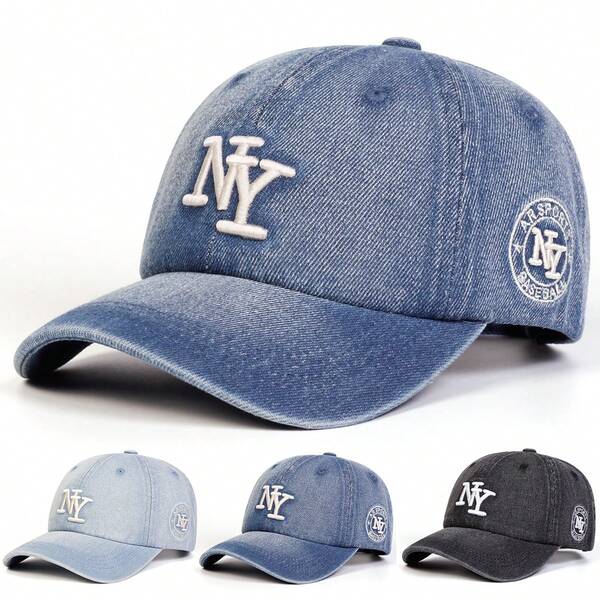1Piece Men Letter Embroidered Washed Denim Distress Baseball Hat Outdoor Adjustable Sunscreen Leisure Hat Spring Autumn Travel Tourism Beach Vacation