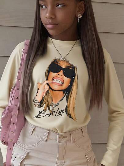1pc Tween Girl Casual Graphic Print Crew Neck Long Sleeve T-Shirt, Loose Fit Student Wear, Spring Autumn Winter