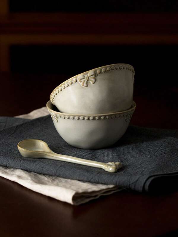 1 قطعة طبق خزفي خشن مزخرف بشكل ثلاثي الأبعاد على شكل فيونكة، أواني مائدة عالية الجودة تم تغييرها في الفرن، مناسبة للحلويات والفواكه والسلطات