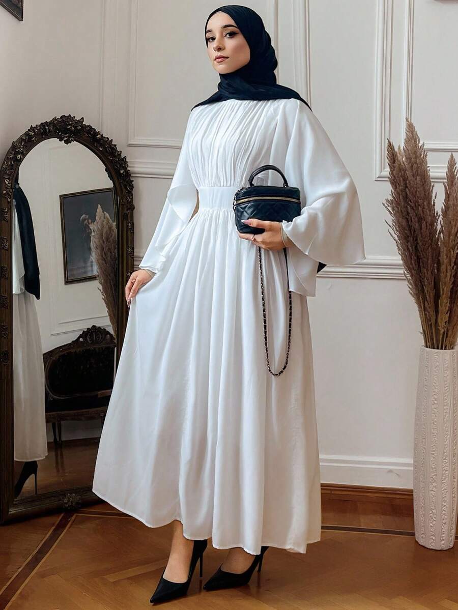 DAZY Solid Color Stand Collar Pleated Ruffle Sleeve Mid-Calf Dress For Women Modest Fashion - White - View 1
