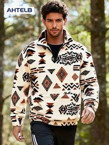 AHTELB Men's Loose Fleece Graphic Print Sweatshirt, Casual Half Zipper Stand Collar Long Sleeve Top For Outdoor,Winter - Màu Khaki - Xem 1