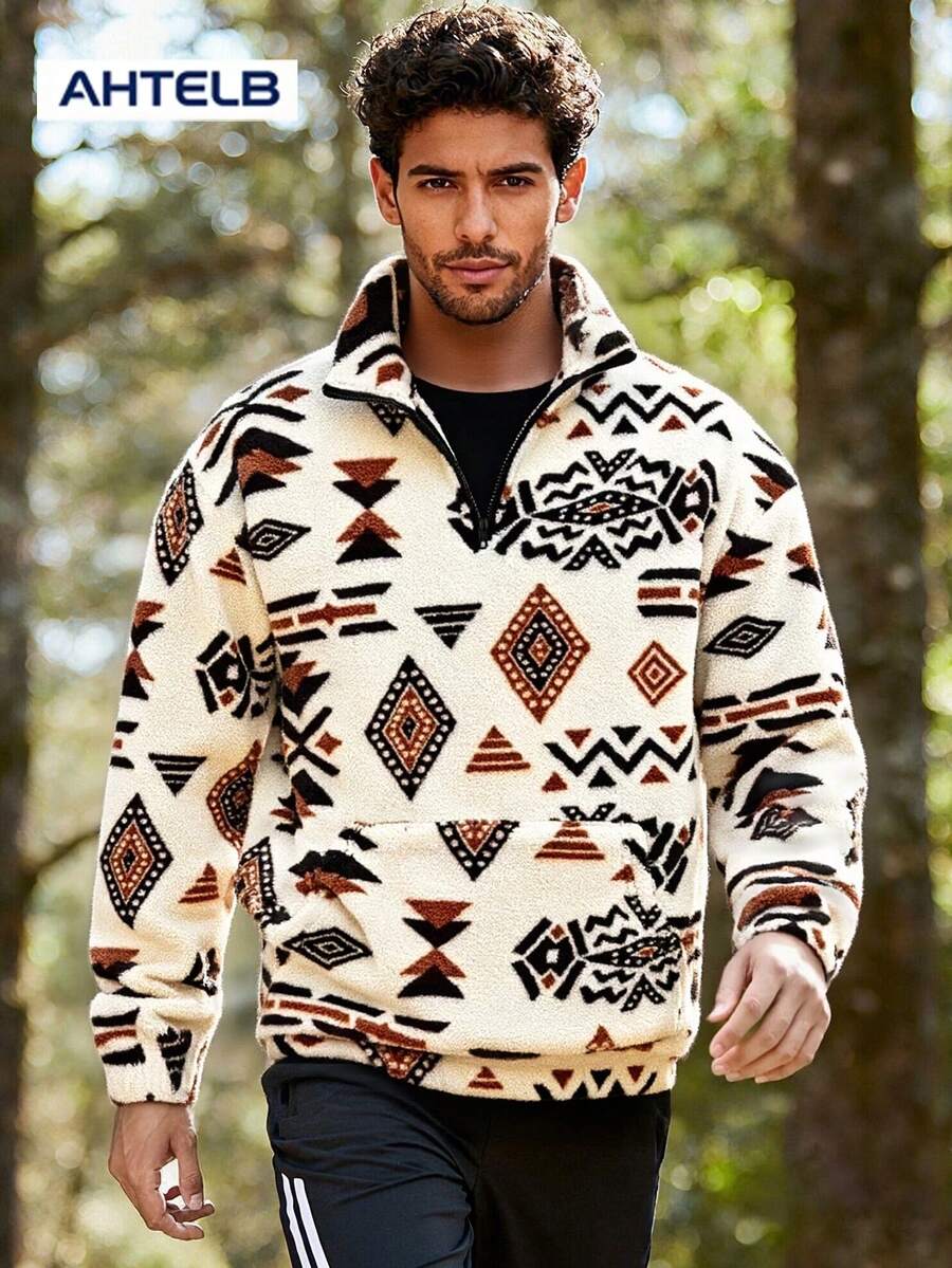 AHTELB Men's Loose Fleece Graphic Print Sweatshirt, Casual Half Zipper Stand Collar Long Sleeve Top For Outdoor,Winter - Màu Khaki - Xem 1