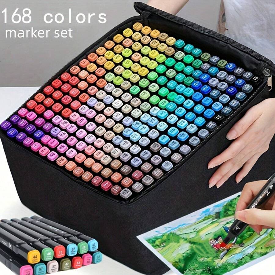 touchhero 168/120/80/48/36/24 PCS Marker Sets, Dual-Tips, DIY Craft Pens, Watercolor Pens, School Supplies, Professional Permanent Colors, For Painting, Sketching, Coloring, Calligraphy - Ideal For Halloween & Christmas Gifts, Art Lovers, Art Supplies - 120 種顏色和麥克筆 - 查看 1