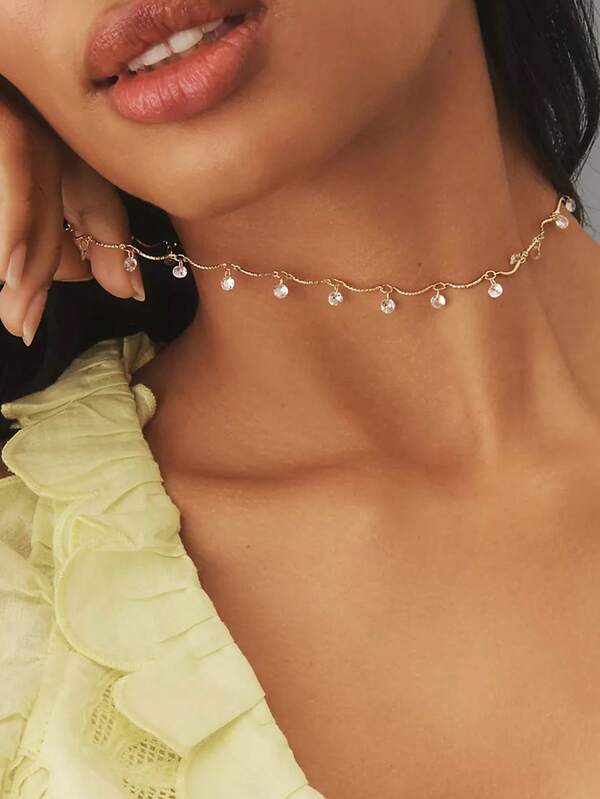 One Piece Elegant Gold Wave Choker Necklace With Teardrop Rhinestone Charms, Dainty Wavy Chain Jewelry For Women Party & Everyday Wear