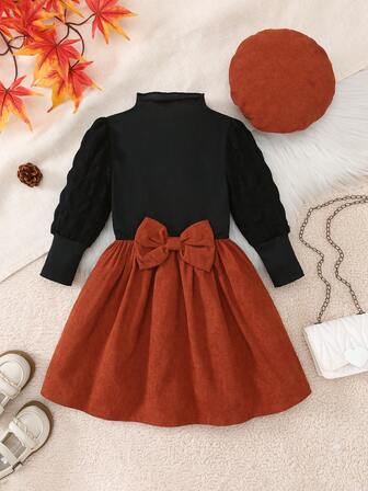 2 piezas Conjunto de ropa para niñas, Elegante casual minimalista Moda Blusa de punto de manga abullonada con cuello de volantes a rayas verticales negras y Vestido 2 en 1 con manga abullonada y lazo de color contrastante, con boina beige, Primavera/Otoño