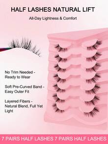 7 Pairs Transparent Half-Strip False Eyelashes, 12mm Cat Eye Effect, Extended Tail Design, 3/4 Corner Lashes, Natural Look - 黑色 - 查看 7