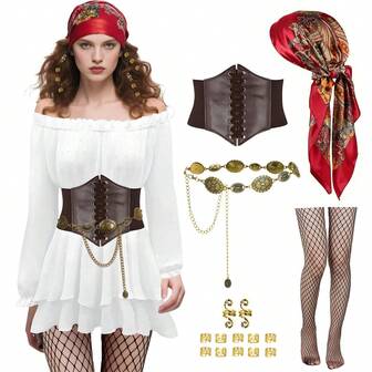 1/12/15/16-Piece Pirate Costume Accessories Set, Including Headband, Leather Belt, Antique Gold Waist Chain, Fishnet Stockings, Hair Rings, Suitable For Halloween Role Play, Costume Party, Festival Dress Up And Daily Fashion Look