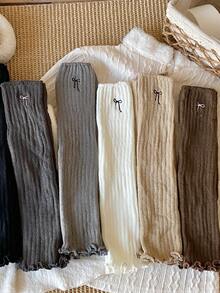 2/4/6 Pairs Women Bow Striped Lace Simple Warm Thigh High Leg Warmers, Collegiate Style Versatile Knee,High Leg Warmers, Autumn/Winter/Spring, Cozy