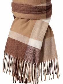 Bufanda de invierno para mujeres, bufandas de moda con sensación de cachemira a cuadros para mujeres, chales y envolturas de pashmina, bufanda larga tipo manta - Enrejado marrón y blanco - Ver 1