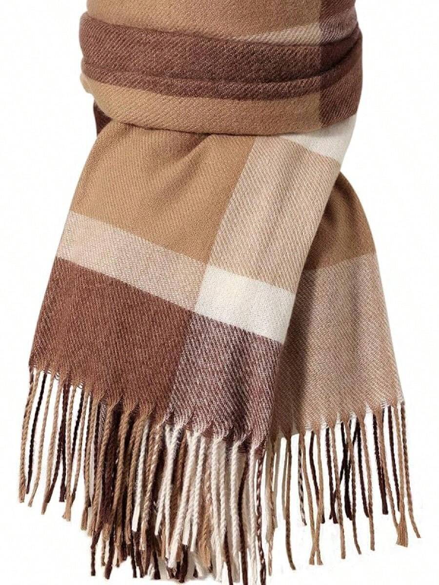 Bufanda de invierno para mujeres, bufandas de moda con sensación de cachemira a cuadros para mujeres, chales y envolturas de pashmina, bufanda larga tipo manta - Enrejado marrón y blanco - Ver 1
