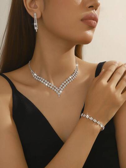 1pc Necklace + 1 Pair Earrings, Fashionable Luxurious Rhinestone Necklace And Earring Set, Bridal Wedding Party Jewelry