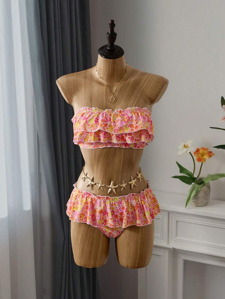 Bellisia Women's Ditsy Floral Bandeau Bikini Set, Casual Holiday Swimwear With Low Waist Cake Skort For Summer Beach Vacation - Multicolor - View 5