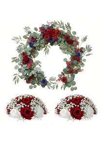 1set Burgundy Wedding Decor Flowers, 1pc Artificial Eucalyptus Rose Garland With 2pcs Flowers Balls, Fake Table Runner Garland Decor Wedding Arch Rose Garland For Wedding Centerpieces Home Party Garden Decoration - phong cách1 - Xem 5