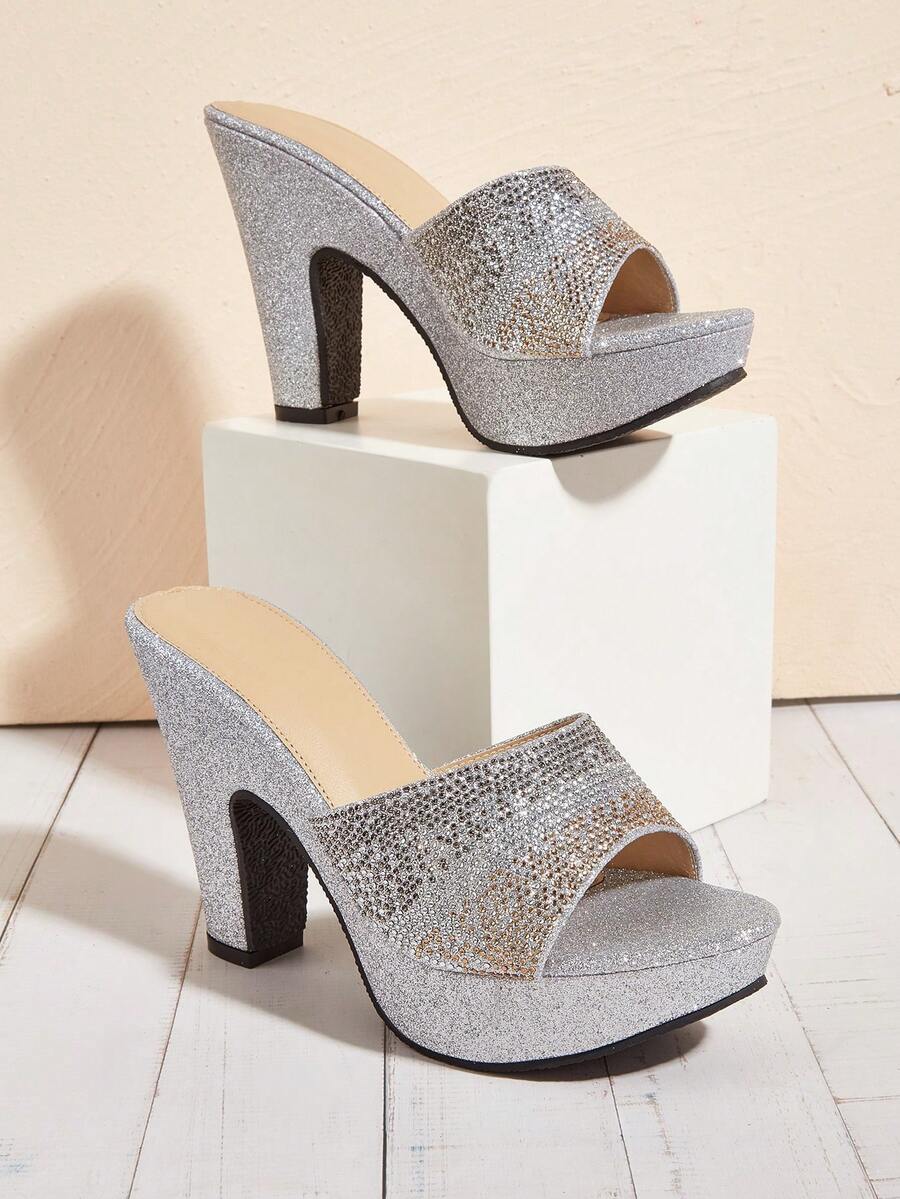 Shiny Silver Rhinestone Decor Fashionable Glamorous Chunky Heel Women's High Heel Sandals, Suitable For Daily Wear, Party, Banquet. Rhinestone Quantity And Color Randomly Assorted,Platform Heels For Women - Silver - View 1