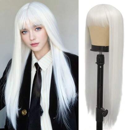 (1 stück Weihnachtspartykostüme COS Weihnachtspartykostüme Halloween Weihnachten) Cosplay neue Perücke weiblich Halloween weiß lange glatte Haare Luft Pony Cos Requisiten Perücke Kopfbedeckung Rollenspiel Perücke