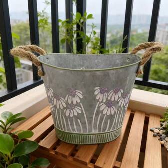 1个复古做旧铁艺花桶，印花图案，配麻绳提手，户外花园/阳台清新装饰摆件，绿色植物种植及花卉展示多功能容器，营造自然田园氛围