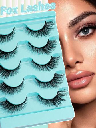 5 Pairs Cat Eye False Eyelashes Fox Lashes Faux Mink Lashes Natural Look Wispy Lashes Volume Soft Fluffy Lashes End Lengthening Effect Makeup