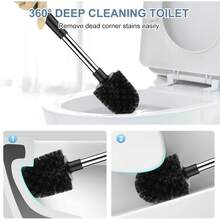 Toilet Brush And Holder 2 Pack, Self Closing Lid Toilet Bowl Brushes Holder And Extra Long Handle Ventilated Toilet Brush Set For Bathroom Cleaning, Nylon Bristles, White & Grey - màu đen - Xem 6
