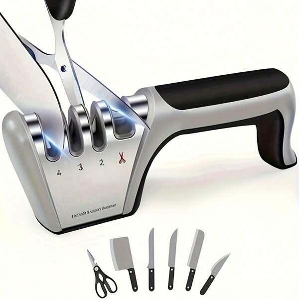 1 pieza Afilador de cuchillos 4 en 1, cuchillas de calidad premium pulidas, apto para cuchillos de cerámica y acero, tijeras, utensilios de cocina, esencial para apartamento, dormitorio, suministros de cocina para Navidad y Año Nuevo