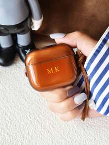 Personalisiertes minimalistisches Morandi-Farbiges Kopfhörertasche in Olivgrün, Schwarz, Blau und Grau, transluzent mit Lederriemen, kreatives Design kompatibel mit Apple Case, tolles Geschenk zum Valentinstag, Geburtstag, Feiertagen, Frauen - Braun - Übersicht 5