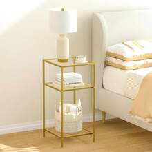 3 - Tier Side Tables Set Of 2, End Tables With Tempered Glass, Nightstands With Storage Shelves, Slim Sofa Tables Living Room, Bedroom 2, Golden - Vàng - Xem 9