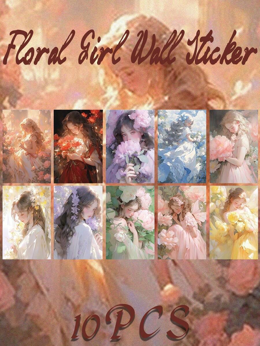 10 Stücke Blumen Mädchen Wandaufkleber, schöne, künstlerische und minimalistische Blumen Grußkarte Postkarte, für Innenräume, Schlafzimmer, Studentenwohnheim Wand, Premium Wandaufkleber
