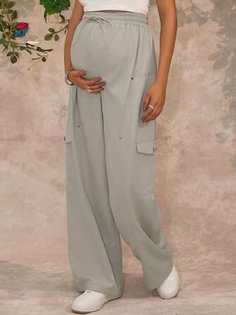 Joyfunear Maternity Casual Solid Color Straight Leg Cargo Pants