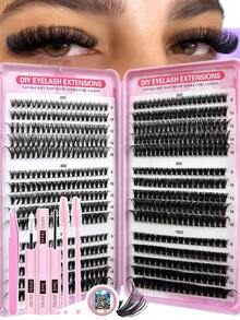 640/608 piezas Conjunto de libro de pestañas con capacidad grande y rizado DD, pestañas con mechones 10D+20D+30D+40D/30D+40D+50D+60D/50D+60D+80D+100D, múltiples combinaciones diferentes, mechones de pestañas de 10-16 mm, naturales y suaves. El conjunto incluye pegamento para pestañas, bonding y sellado, pinzas y brochas de rímel, adecuado para el kit de racimos de pestañas delgadas, pestañas postizas.