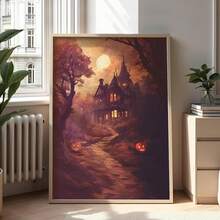 1pc Scary Halloween Canvas Art - Pumpkin And Poster, Gothic Vintage Wall Decor, Retro Yard And Church Tombstone Design, Unframed, Suitable For Home Decor, Room Decor, Bedroom Decor, Living Room Decoration, Bathroom Decor - Halloween Autumn Wall Decor, Optional Wall Art With Frame