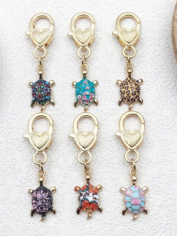 6 قطع مجموعة سلاسل مفاتيح مطبوعة بطبعات كرتونية جميلة للسلاحف والقلوب والجمبري، سلاسل مفاتيح فريدة وإبداعية، تميمة حقيبة، إكسسوارات السيارة، أفكار هدايا للمعلم والصديقة والأخت