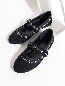 Women's Round Toe Ballet Flats, Elegant Minimalist Fashion Design With Rhinestone Flower Decor, Retro Mary Jane Slip-On Style, Fashionable And Comfortable For Daily Wear, Suitable For Christmas, New Year, Autumn/Winter Weddings, And Outdoor Vacations