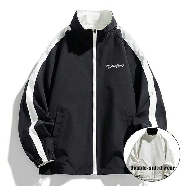 Men American High Street Stitching Contrasting Color Double-Sided Wear Basic Side Striped Letter Print Outdoor Stand-Up Collar Long-Sleeved Jacket, Grunge, Fall