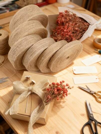 1 rolka naturalnej tkaniny jutowej z wstążką jutową do pakowania prezentów choinkowych, weselnych, imprezowych, domowych, kokardkowych, rękodzielniczych, dekoracyjnych
