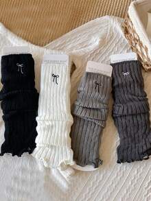 2/4/6 Pairs Women Bow Striped Lace Simple Warm Thigh High Leg Warmers, Collegiate Style Versatile Knee,High Leg Warmers, Autumn/Winter/Spring, Cozy
