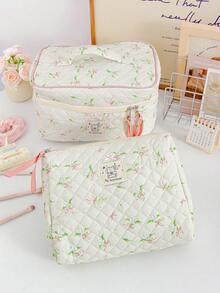 Lily Of The Valley Print Makeup Bag Foam Quilted Cosmetics Storage Bag Fresh Green Flower Pattern Toiletry Bag Large Capacity Cosmetics Storage Bag Set Portable Handheld Travel Makeup Pouch Pink Bow Decor Skincare Storage Bag Girlish Makeup Clutch Bag - Green - View 4