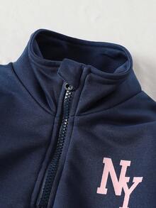 Girls Sweatshirt Set, New Autumn Fashion Casual Solid Color Versatile Minimalist Style Letter Print Funnel Neck Half-Zip Long Sleeve Top And Gray Straight Pants 2pcs Set