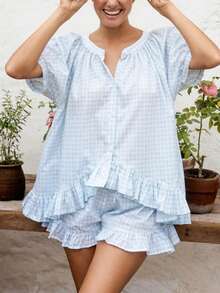Women's Gingham Short Sleeve Ruffled Top And Elastic Waist Ruffled Shorts Summer Casual Set - 天藍色 - 查看 1