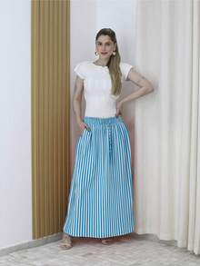 Steve Store Women's Fashion Striped Viscose Skirt With Lining, Pocket And Side Slit, Elasticated Waist - Màu xanh lam - Xem 3