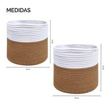 Cesta de almacenamiento de tela Yute, organizador plegable con revestimiento de Cuerda de algodón para ropa y juguetes, Cesta de lavandería de dos colores con asas de transporte fáciles - Blanco / Marrón _KIT-48Lt - Ver 7
